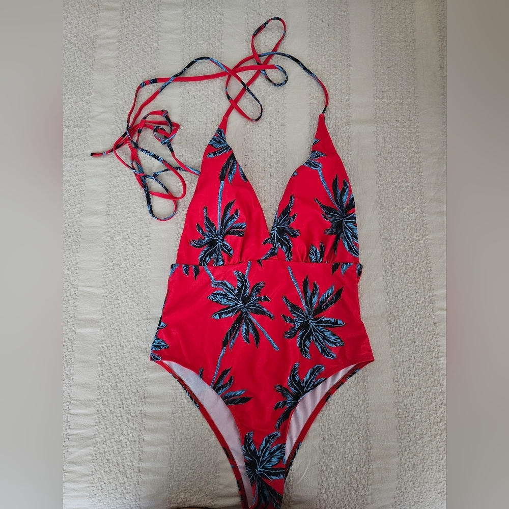 SHEIN Women's Tropical Palm Red Swimsuit, M